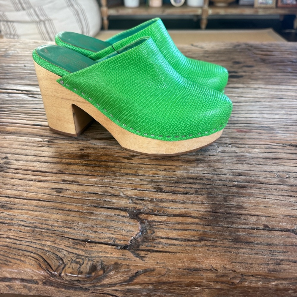 Charlotte Stone Embossed Green Leather Clogs